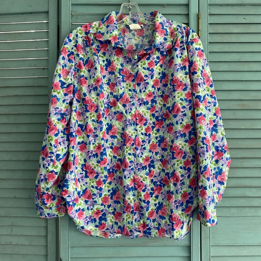 MAYCENE Button Up Shirt Blouse ~ Sz M ~ Pink & Green ~ Long Sleeve